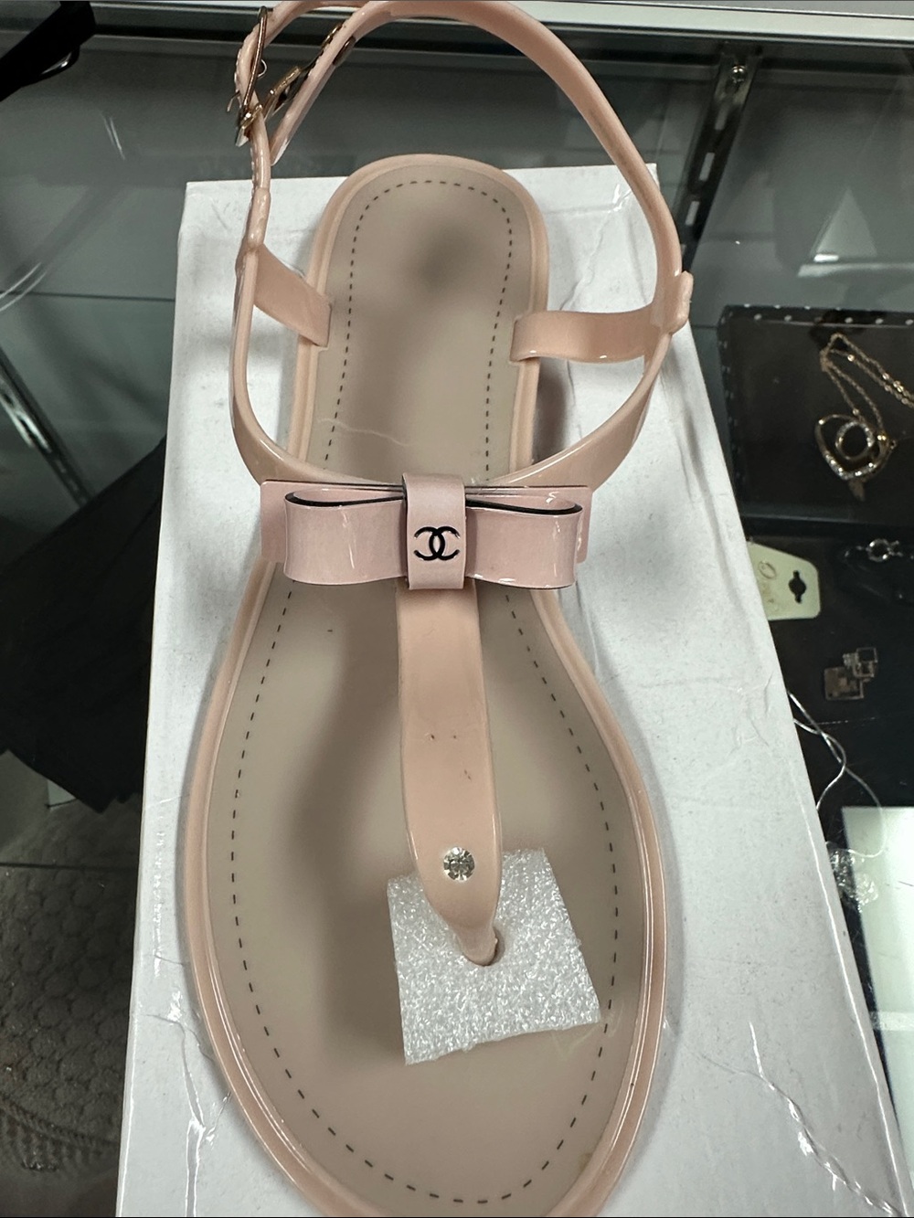 Women's Nude Bow T-Strap Sandals with Ankle Buckle